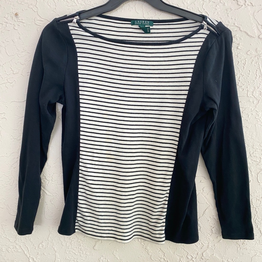 Lauren Ralph Lauren Preppy Coastal Top Women L Black White Zipper Shoulder